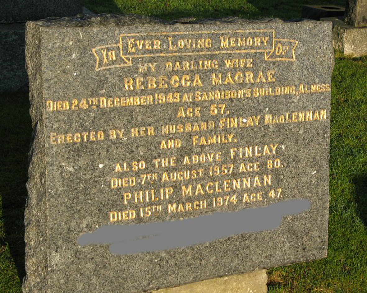 Photo of headstones/Finlay MacLennan died 1957 MI Rosskeen